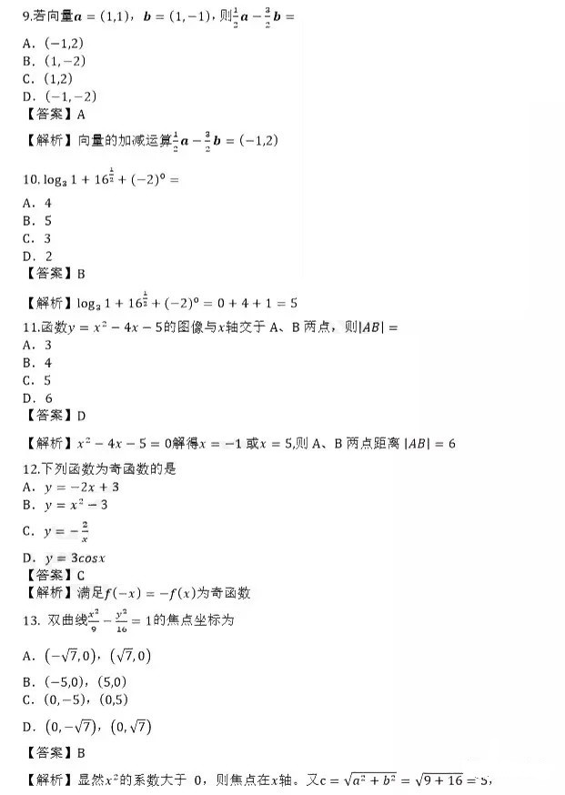2019年成人高考高起點(diǎn)數(shù)學(xué)(理)真題及答案解析
