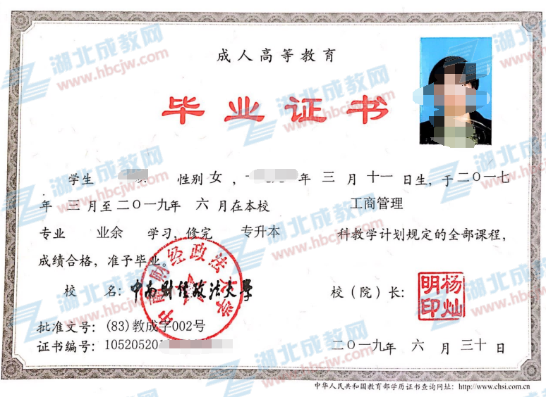 中南財經(jīng)政法大學(xué)成人教育畢業(yè)證樣本