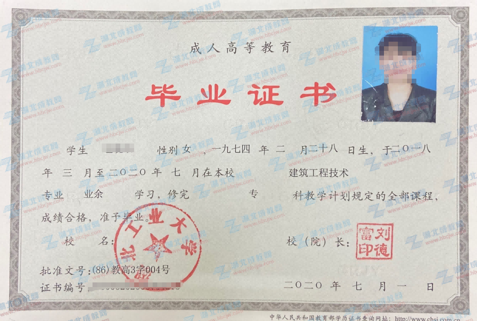 湖北工業(yè)大學(xué)成人教育畢業(yè)證樣本